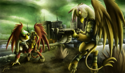 Size: 1250x735 | Tagged: safe, artist:jamescorck, character:gilda, character:greta, species:griffon, fallout equestria, armor, city, clothing, commission, floating, signature, sunglasses, weapon