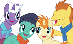 Size: 5000x3011 | Tagged: safe, artist:dashiesparkle, character:silver script, species:pony, ponyscape, episode:a hearth's warming tail, g4, my little pony: friendship is magic, .svg available, absurd resolution, autumn leaf, beanie, clothing, eyes closed, group, hat, open mouth, scarf, simple background, singing, transparent background, unnamed pony, vector