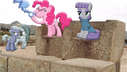 Size: 1920x1080 | Tagged: safe, artist:chrzanek97, artist:dashiesparkle, artist:mr-kennedy92, artist:mrcbleck, artist:slb94, character:limestone pie, character:marble pie, character:maud pie, character:pinkie pie, flugelhorn, fortress, irl, musical instrument, photo, pie sisters, ponies in real life, raised hoof, sitting, stone, trumpet, vector
