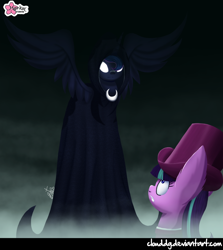 Size: 714x800 | Tagged: safe, artist:clouddg, character:princess luna, character:snowfall frost, character:starlight glimmer, episode:a hearth's warming tail, g4, my little pony: friendship is magic, cloak, clothing, duo, glowing eyes, hat, scene interpretation, signature, spirit of hearth's warming yet to come, top hat