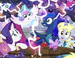 Size: 900x695 | Tagged: safe, artist:pixelkitties, character:derpy hooves, character:princess flurry heart, character:princess luna, character:rarity, species:pegasus, species:pony, babysitting, female, magic, mare, tabitha st. germain, voice actor joke, wide eyes