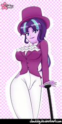 Size: 401x800 | Tagged: safe, artist:clouddg, character:snowfall frost, character:starlight glimmer, episode:a hearth's warming tail, g4, my little pony: friendship is magic, my little pony:equestria girls, big breasts, breasts, busty starlight glimmer, clothing, equestria girls-ified, female, hat, looking at you, pants, snowfall breast, solo, top hat