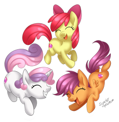 Size: 1285x1314 | Tagged: safe, artist:scarlet-spectrum, character:apple bloom, character:scootaloo, character:sweetie belle, species:pegasus, species:pony, adorabloom, cute, cutealoo, cutie mark crusaders, diasweetes, eyes closed, open mouth, signature, simple background, the cmc's cutie marks, transparent background, trio