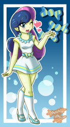 Size: 1942x3500 | Tagged: safe, artist:danmakuman, character:bon bon, character:sweetie drops, my little pony:equestria girls, :d, adorabon, blushing, bon bon is amused, clothing, cute, dress, female, heart, looking at you, open mouth, short dress, signature, smiling, solo, waving, wink