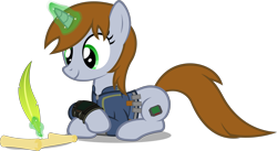 Size: 4392x2414 | Tagged: safe, artist:zacatron94, oc, oc only, oc:littlepip, species:pony, species:unicorn, fallout equestria, clothing, fanfic, fanfic art, female, glowing horn, hooves, horn, levitation, magic, mare, pipbuck, prone, quill, simple background, smiling, solo, telekinesis, transparent background, vault suit, vector, writing