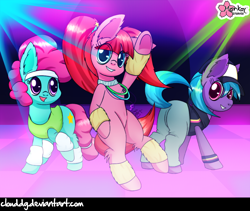 Size: 948x800 | Tagged: safe, artist:clouddg, character:azure velour, character:pacific glow, episode:the saddle row review, g4, my little pony: friendship is magic, cap, clothing, dancing, flashdancer, group, hat, looking at you, open mouth, pacifier, pants, rave, signature, smiling, tail twirl