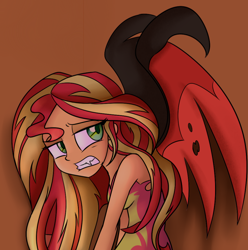 Size: 722x728 | Tagged: safe, artist:wubcakeva, character:sunset satan, character:sunset shimmer, g4, my little pony:equestria girls, clothing, demon, fangs, female, looking back, sharp teeth, skirt, sleeveless, solo, sunset satan, teeth, wings