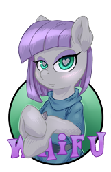 Size: 825x1275 | Tagged: safe, artist:hobbes-maxwell, character:boulder, character:maud pie, species:earth pony, species:pony, clothing, female, heart eyes, mare, solo, waifu, waifu badge, wingding eyes