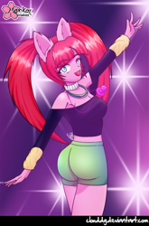 Size: 528x800 | Tagged: safe, artist:clouddg, character:pacific glow, species:anthro, episode:the saddle row review, g4, my little pony: friendship is magic, anime face, arm warmers, ass, breasts, busty pacific glow, cleavage, clothing, ear fluff, female, looking at you, midriff, open mouth, pacifier, shorts, sideboob, signature, solo