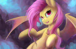 Size: 1280x828 | Tagged: safe, artist:hobbes-maxwell, character:flutterbat, character:fluttershy, species:bat pony, species:pony, female, fluffy, human shoulders, race swap, solo