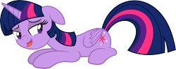 Size: 6000x2365 | Tagged: safe, artist:frikdikulous, artist:slb94, character:twilight sparkle, character:twilight sparkle (alicorn), species:alicorn, species:pony, bedroom eyes, female, folded wings, looking back, mare, open mouth, prone, simple background, solo, transparent background, vector