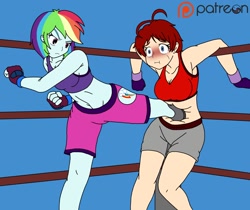 Size: 1280x1074 | Tagged: safe, artist:linedraweer, character:rainbow dash, oc, fighting is magic, my little pony:equestria girls, armpits, boxing, boxing gloves, boxing ring, fight, kickboxing, kicking, pain