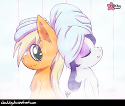 Size: 946x800 | Tagged: safe, artist:clouddg, character:applejack, character:rarity, episode:applejack's day off, chest fluff, duo, eyes closed, looking at you, open mouth, relaxing, side view, signature, spa, steam, steam room, towel
