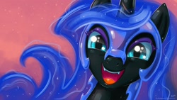 Size: 1920x1080 | Tagged: safe, artist:kp-shadowsquirrel, character:nightmare moon, character:princess luna, species:pony, bust, cute, fangs, female, happy, looking at you, mare, moonabetes, open mouth, portrait, smiling, solo, wallpaper