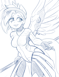 Size: 1280x1656 | Tagged: safe, artist:ambris, character:fluttershy, species:anthro, species:pegasus, species:pony, crossover, female, mercy, mercyshy, monochrome, overwatch, smiling, solo