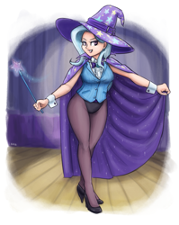Size: 1021x1280 | Tagged: safe, artist:king-kakapo, character:trixie, species:human, cape, clothing, female, grin, hat, high heels, humanized, leotard, looking at you, magician outfit, pantyhose, smiling, solo, trixie's cape, trixie's hat, wand