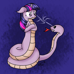 Size: 1500x1500 | Tagged: safe, artist:novaspark, character:twilight sparkle, species:lamia, crossed arms, female, floppy ears, forked tongue, original species, snake, solo, tail maw, tongue out, twilamia, twilight snakle, what has science done