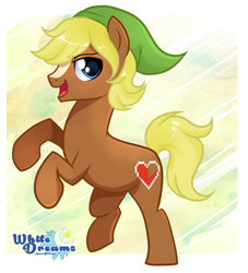 Size: 2847x3137 | Tagged: safe, artist:xwhitedreamsx, character:quarter hearts, species:earth pony, species:pony, episode:flutter brutter, g4, my little pony: friendship is magic, blaze (coat marking), clothing, hat, link, rearing, rupee, solo, the legend of zelda