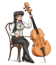 Size: 1103x1280 | Tagged: safe, artist:king-kakapo, character:octavia melody, species:human, cello, chair, clothing, female, high heels, humanized, looking at you, musical instrument, pantyhose, shoes, smiling, solo
