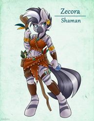 Size: 2550x3300 | Tagged: safe, artist:ambris, character:zecora, species:anthro, species:unguligrade anthro, species:zebra, adventuring is magic, clothing, colored pupils, female, midriff, potion, shaman, simple background, solo, staff, tube top