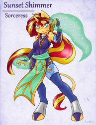 Size: 1275x1650 | Tagged: safe, artist:ambris, character:sunset shimmer, species:anthro, species:classical unicorn, species:pony, species:unguligrade anthro, species:unicorn, my little pony:equestria girls, abs, adventuring is magic, armpits, blushing, colored pupils, female, glow, leonine tail, magic, solo, sorceress