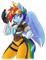 Size: 2550x3300 | Tagged: safe, artist:ambris, character:rainbow dash, species:anthro, species:pegasus, species:pony, clothing, colored pupils, cosplay, costume, crossover, female, goggles, grin, overwatch, rainbow tracer, smiling, smirk, solo, tracer