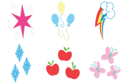 Size: 300x200 | Tagged: safe, artist:parclytaxel, character:applejack, character:fluttershy, character:pinkie pie, character:rainbow dash, character:rarity, character:twilight sparkle, .svg available, absurd resolution, applejack's cutie mark, cutie mark, cutie mark only, fluttershy's cutie mark, mane six, no pony, pinkie pie's cutie mark, rainbow dash's cutie mark, rarity's cutie mark, simple background, svg, transparent background, twilight's cutie mark, vector