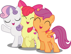 Size: 5000x3825 | Tagged: safe, artist:dashiesparkle, artist:lahirien, character:apple bloom, character:scootaloo, character:sweetie belle, species:pegasus, species:pony, ponyscape, episode:the mane attraction, g4, my little pony: friendship is magic, .svg available, absurd resolution, adorabloom, cute, cutealoo, cutie mark crusaders, diasweetes, eyes closed, open mouth, raised hoof, simple background, squishy cheeks, the cmc's cutie marks, the magic inside, transparent background, trio, vector
