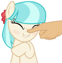 Size: 5400x5420 | Tagged: safe, artist:slb94, character:coco pommel, species:earth pony, species:human, species:pony, absurd resolution, blushing, boop, bronybait, cocobetes, cute, eyes closed, female, hand, mare, simple background, smiling, transparent background, vector