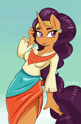 Size: 1248x1920 | Tagged: safe, artist:ambris, character:saffron masala, species:anthro, species:pony, species:unicorn, episode:spice up your life, g4, my little pony: friendship is magic, clothing, colored pupils, ear piercing, earring, female, jewelry, piercing, solo