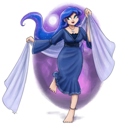 Size: 1280x1377 | Tagged: safe, artist:king-kakapo, character:princess luna, species:human, anklet, barefoot, clothing, dress, feet, female, humanized, jewelry, light skin, multiple variants, necklace, open mouth, shawl, smiling, solo