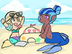 Size: 1335x1000 | Tagged: safe, artist:mt, oc, oc only, oc:dingaling, oc:maxie, parent:derpy hooves, parent:sonata dusk, satyr, beach, belly button, bikini, clothing, midriff, mt is trying to murder us, offspring, sandcastle, sunglasses, swimsuit