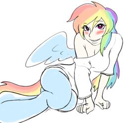 Size: 871x860 | Tagged: safe, artist:dj-black-n-white, oc, oc only, oc:prism, parent:rainbow dash, satyr, blushing, looking at you, loose fitting clothes, offspring, solo, wingding eyes