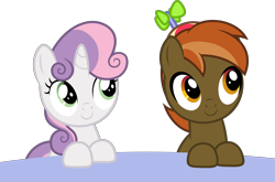 Size: 5000x3309 | Tagged: safe, artist:dashiesparkle, artist:jan, character:button mash, character:sweetie belle, ponyscape, .svg available, absurd resolution, button's adventures, buttonbetes, c:, clothing, cute, diasweetes, female, hat, looking up, male, propeller hat, shipping, simple background, smiling, straight, sweetiemash, table, transparent background, vector