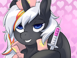 Size: 1280x958 | Tagged: safe, artist:hobbes-maxwell, oc, oc only, oc:velvet remedy, species:pony, species:unicorn, fallout equestria, bedroom eyes, clothing, fanfic, fanfic art, female, grin, hat, hooves, horn, mare, nurse, smiling, solo, syringe, teeth, twilight sparkle's secret shipfic folder