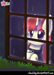Size: 612x836 | Tagged: safe, artist:clouddg, character:moondancer, character:rarity, beverage, chocolate, clothing, cup, cute, female, hot chocolate, marshmallow, rain, signature, smiling, solo, window