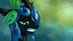 Size: 1920x1080 | Tagged: safe, artist:kp-shadowsquirrel, character:queen chrysalis, alternate hairstyle, braces, bust, cute, cutealis, dork, dorkalis, female, frown, gritted teeth, hair ornament, hair over one eye, hairclip, lidded eyes, portrait, sad, solo, wallpaper