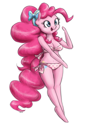 Size: 1000x1406 | Tagged: safe, artist:king-kakapo, character:pinkie pie, species:anthro, species:unguligrade anthro, arm hooves, bikini, breasts, cleavage, clothing, female, midriff, multiple variants, polka dot swimsuit, ribbon, solo, swimsuit
