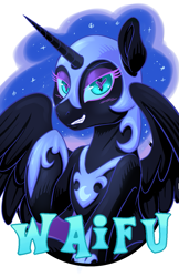 Size: 825x1275 | Tagged: safe, artist:hobbes-maxwell, character:nightmare moon, character:princess luna, species:pony, blushing, female, grin, heart, heart eyes, looking at you, mare, smiling, solo, waifu, waifu badge, wingding eyes