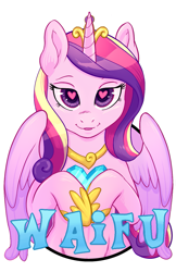 Size: 825x1275 | Tagged: safe, artist:hobbes-maxwell, character:princess cadance, species:alicorn, species:pony, blushing, crystal heart, female, heart eyes, looking at you, loving gaze, mare, smiling, solo, waifu, waifu badge, wingding eyes