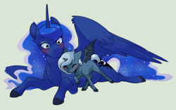 Size: 2698x1693 | Tagged: safe, artist:kianamai, character:princess luna, oc, oc:princess nidra, parent:oc:supernova, parent:princess luna, parents:canon x oc, species:alicorn, species:bat pony, species:pony, kilalaverse, bat pony alicorn, chest fluff, cute, female, filly, fluffy, foal, kilala97 is trying to murder us, mother and daughter, next generation, offspring, simple background