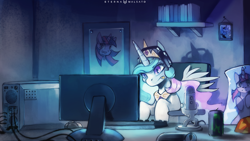 Size: 1300x731 | Tagged: safe, artist:foxinshadow, character:princess celestia, character:princess luna, character:twilight sparkle, species:alicorn, species:pony, species:unicorn, ship:twilestia, body pillow, cans, chips, computer, female, food, gamer celestia, headphones, implied twilestia, lesbian, mare, microphone, poster, shipping, soda, solo, tongue out