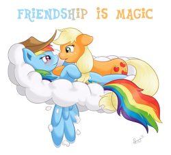 Size: 1355x1228 | Tagged: safe, artist:ratofdrawn, character:applejack, character:rainbow dash, species:pony, ship:appledash, accessory swap, bedroom eyes, blushing, cloud, cuddling, eye contact, female, floppy ears, lesbian, mare, on back, on top, prone, shipping, simple background, snuggling, spread wings, transparent background, wingboner, wings