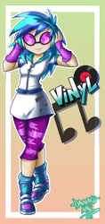 Size: 1886x4000 | Tagged: safe, artist:danmakuman, character:dj pon-3, character:vinyl scratch, my little pony:equestria girls, absurd resolution, clothing, commission, female, headphones, shoes, signature, smiling, sneakers, solo, sunglasses