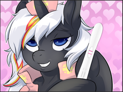 Size: 938x704 | Tagged: safe, artist:hobbes-maxwell, edit, oc, oc only, oc:velvet remedy, species:pony, species:unicorn, fallout equestria, bedroom eyes, clothing, fanfic, fanfic art, female, grin, hat, hooves, horn, mare, meme, nurse, pregnancy test, smiling, solo, teeth