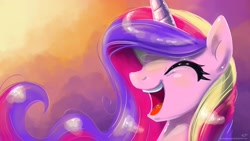 Size: 1920x1080 | Tagged: safe, artist:kp-shadowsquirrel, character:princess cadance, adorkable, cute, cutedance, dork, eyes closed, female, happy, laughing, missing accessory, solo, wallpaper