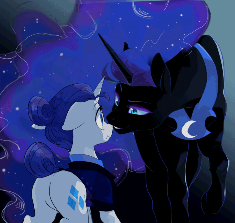 Size: 760x719 | Tagged: safe, artist:equum_amici, artist:kianamai, character:nightmare moon, character:princess luna, character:rarity, :t, alternate timeline, animated, bedroom eyes, boop, cinemagraph, cute, eye contact, female, floppy ears, glowing eyes, grin, lesbian, missing accessory, night maid rarity, nightmare takeover timeline, nightrarity, nose wrinkle, noseboop, nuzzling, plot, raised hoof, scrunchy face, ship:nightrarity, shipping, smiling, wide eyes