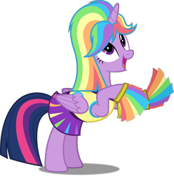 Size: 4958x5000 | Tagged: safe, artist:dashiesparkle, character:twilight sparkle, character:twilight sparkle (alicorn), species:alicorn, species:pony, ponyscape, episode:rainbow falls, g4, my little pony: friendship is magic, .svg available, absurd resolution, cheering, cheerleader, cheerleader sparkle, clothing, cute, female, folded wings, full body, looking up, mare, open mouth, pom pom, rainbow wig, rearing, simple background, skirt, smiling, solo, transparent background, vector