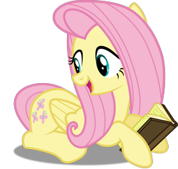 Size: 5000x4761 | Tagged: safe, artist:dashiesparkle, character:fluttershy, ponyscape, episode:the hooffields and mccolts, g4, my little pony: friendship is magic, absurd resolution, book, female, folded wings, holding, inkscape, looking back, lying down, open mouth, simple background, solo, talking, transparent background, vector