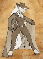 Size: 1024x1400 | Tagged: safe, artist:jamescorck, character:applejack, species:anthro, species:unguligrade anthro, classic, clothing, cowgirl, female, gun, hat, pants, sepia, signature, solo, weapon